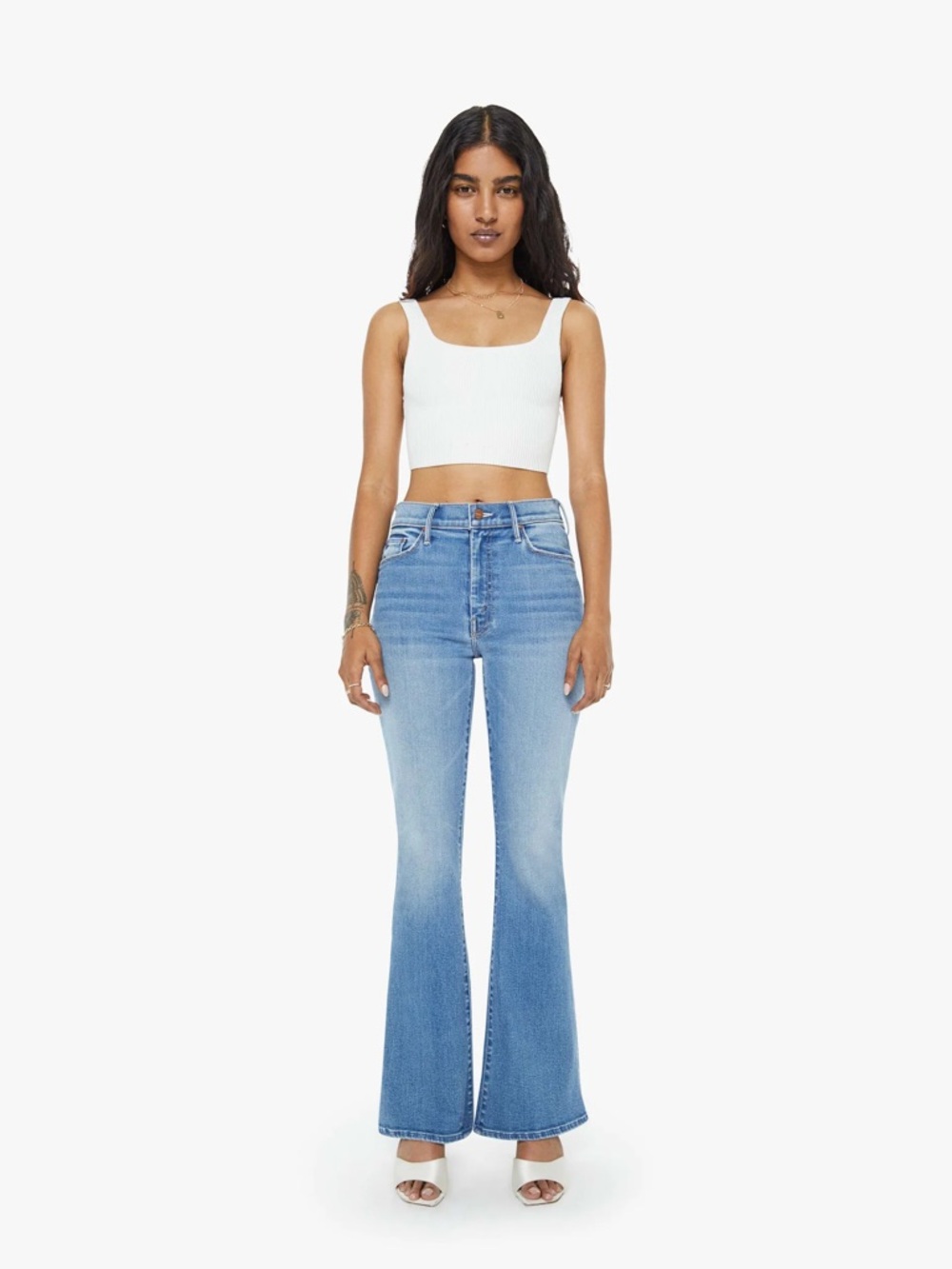 MOTHER Lil Mother Lil Weekender Petite Flare Jean in light blue wash “Layover”